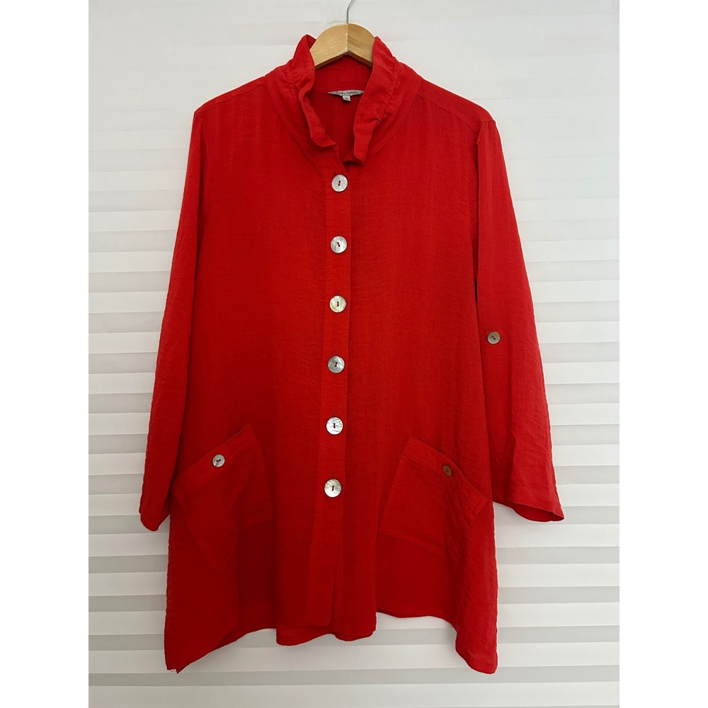 John Mark Red Utility TabSleeve Crinkle Button Down Boho Tunic Top XL Minimalist